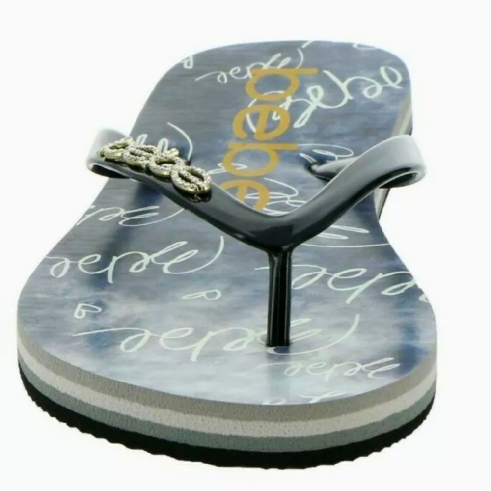 BeBe- Tamia Silver BeBe Logo on Black Strap Womens Sz.9